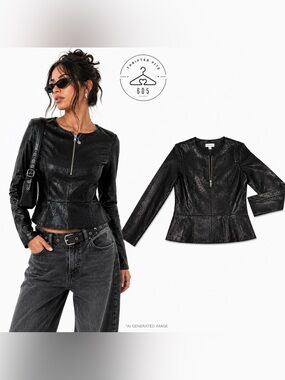 Calvin Klein Black Faux Leather Peplum Jacket with Zip